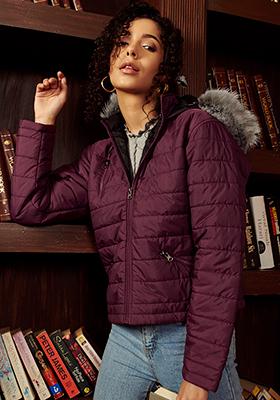 Wine Faux Fur Quilted Hooded Puffer Jacket 
