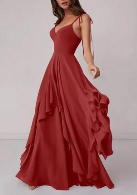 Rust Orange Chiffon V-Neck A-Line Long Gown with Slit