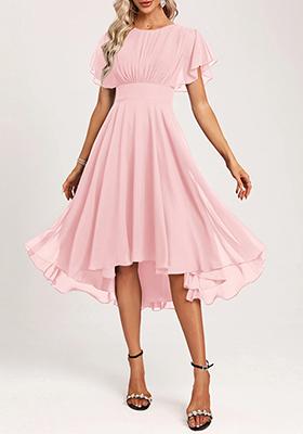 Scoop Lace Bodice Ruffle Chiffon Asymmetrical Dress Peach