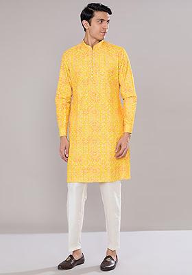 Boy Bandhani print kurta Set - Yellow