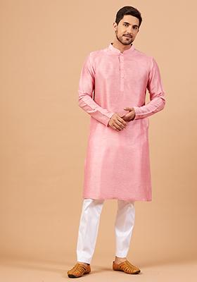 Pink - Slub Silk Kurta for Men with Embellished Neckline Work 03
