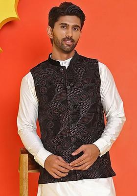 Black Embroidered Poly Blend Nehru Jacket For Men