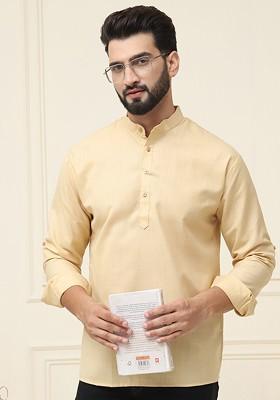 Beige Solid Cotton Kurta For Men