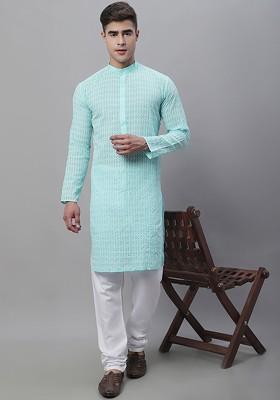 Blue Thread Work Poly Blend Kurta For Men