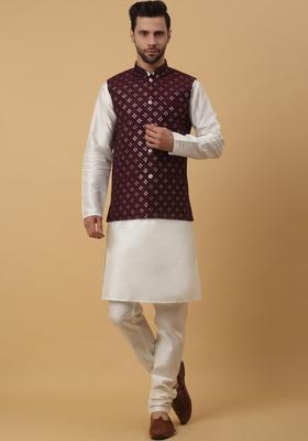 Beige Solid Silk Kurta Set For Men