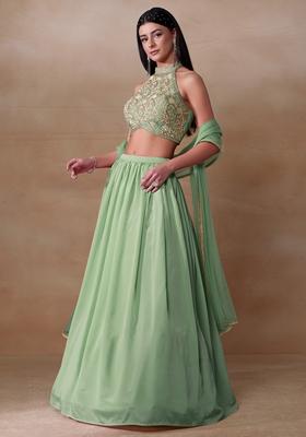Mint Green Cutdana Pearl Embroidered Chinon Lehenga Set