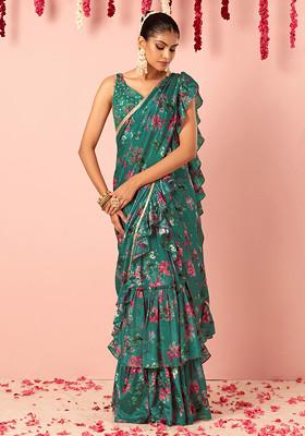  Buy Women Green Floral Print Ruffled Pre-Stitched Saree Set With Hand Embroidered Blouse
