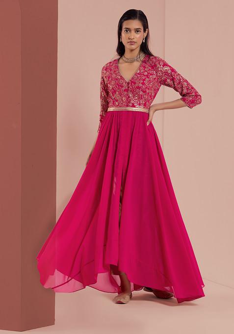 Hot Pink Zari Embroidered Front Slit Kurta With Belt (Set of 2)