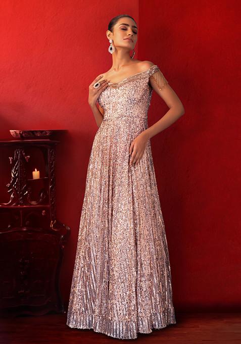 Rose Gold Sequin Striped Embroidered Off Shoulder Gown
