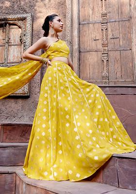 Yellow Foil Print Lehenga With One Shoulder Blouse And Attached Drape (Set of 2)