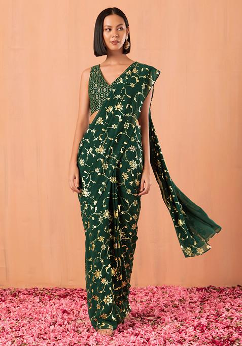 Dark Green Floral Foil Print Pre-Stitched Saree (Without Blouse)