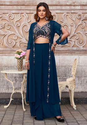 Teal Embroidery Georgette Fusion Set