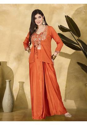 Orange Embroidery Chiffon Fusion Set