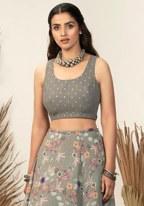 Payal Singhal for Indya Grey Foil Back Tie Crop Top   