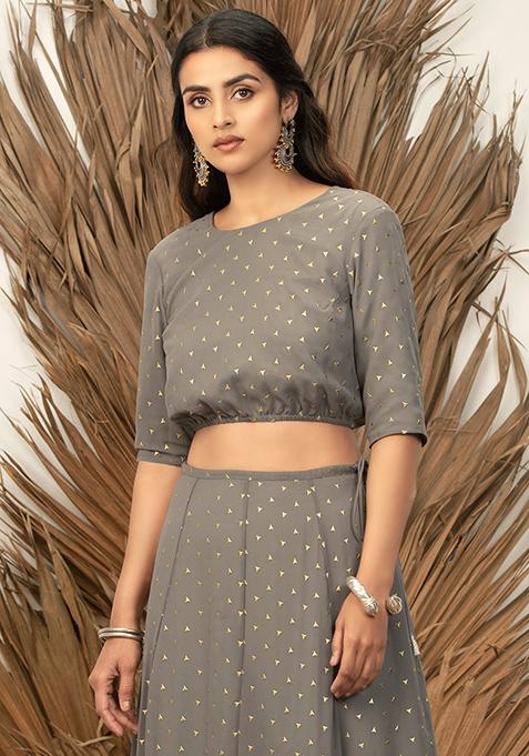 Payal Singhal for Indya Grey Foil Elasticated Waist Crop Top   