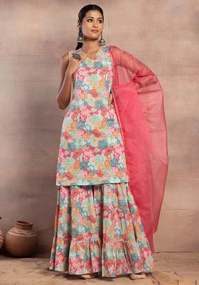 Babyhug Three Fourth Sleeves Printed Kurti Sharara and Dupatta Set with Floral Print - Blue