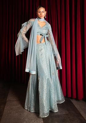 Light Blue Foil Print Lehenga With Blouse And Dupatta (Set of 3)