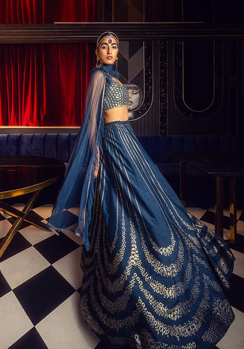Navy Blue Foil Print Lehenga With Embroidered Blouse And Ruffled Dupatta (Set of 3)