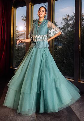Light Blue Lehenga With Peplum Top And Attached Mesh Cape (Set of 2)