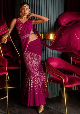 Wine Foil Print Fish Cut Pre-Stitched Saree With Blouse And Belt (Set of 3)