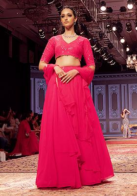 Buy Women Hot Pink Embroidered Draped Lehenga Skirt - Wedding Wonder ...