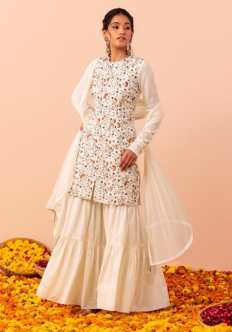 Ivory Sharara With Embroidered Short Kurta And Dupatta (Set of 3)