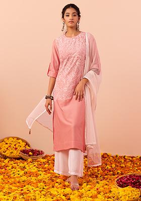 Peach Embroidered Kurta With Contrast Pants And Dupatta (Set of 3)