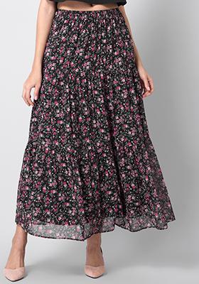 Black Floral Tiered Maxi Skirt