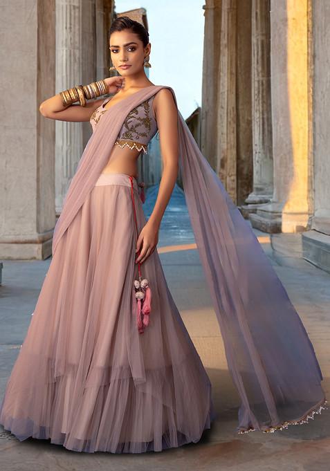 Blush Pink Lehenga Set With Hand Embroidered Blouse And Attached Drape