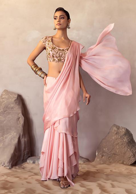 Blush Pink Ruffled Pre-Stitched Saree Set With Floral Embroidered Blouse