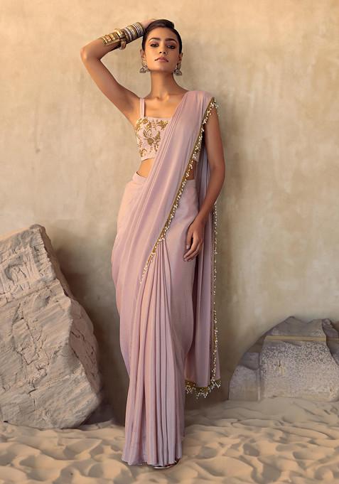 Blush Pink Pre-Stitched Saree Set With Floral Embroidered Strappy Blouse