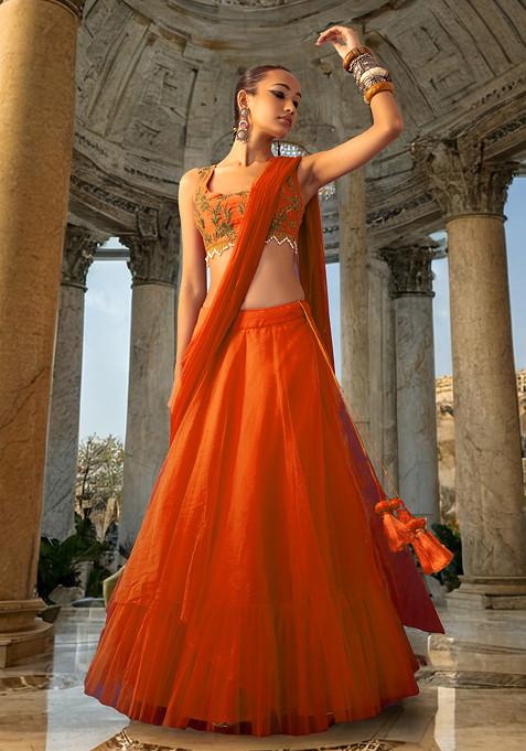 Orange Lehenga Set With Hand Embroidered Blouse And Attached Drape