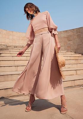 Peach Pleated Wide Legged Trousers With Belt
