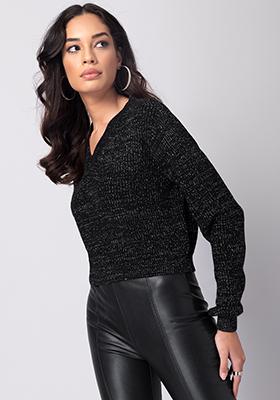 Black V-Neck Lurex Crop Sweater