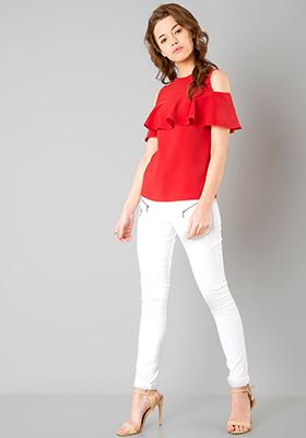 red and white cold shoulder top