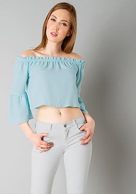 blue and white off the shoulder top