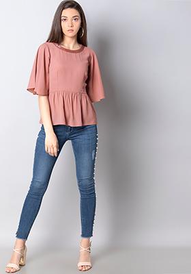 Buy Women Pink Embellished Neck Peplum Top - Peplum Tops Online India ...