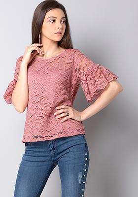 Buy Women Pink Flared Sleeve Lace Top - Trends Online India - FabAlley