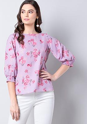 Pink Floral Smocked Sleeves Top 