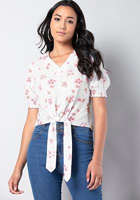 Buy Women White Floral Front Tie Blouse - Blouses Online India - FabAlley