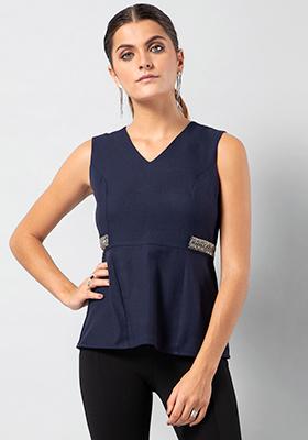 Navy Embellished Peplum Top 