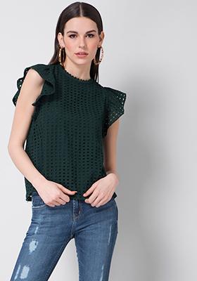 Green Schiffli Ruffle Sleeve Top