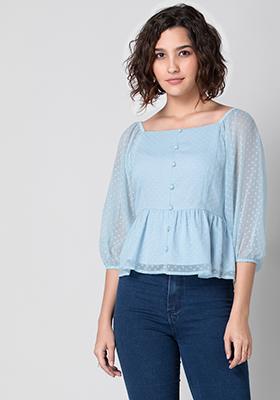 Powder Blue Gathered Peplum Top