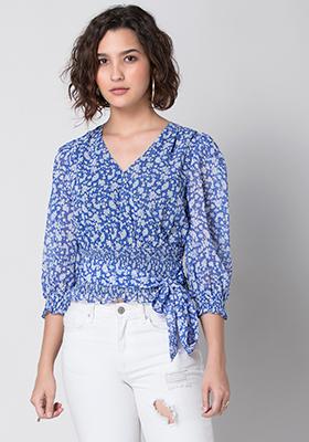 Blue Floral Belted Crop Top 