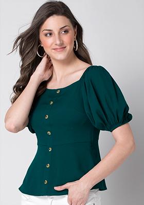 Green Buttoned Puff Sleeve Blouse