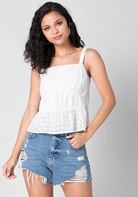 White Strappy Schiffli Peplum Top