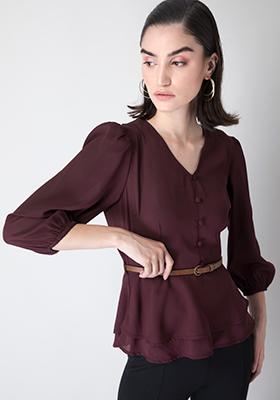 Wine Full Sleeve Peplum Top with Tan Belt 