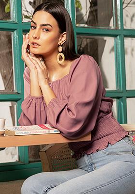 Dusty Pink Buttoned Smocked Waist Top 