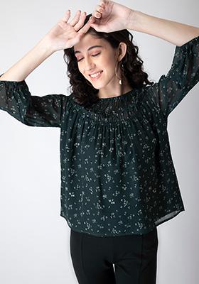 Green Floral Print Gathered Blouse