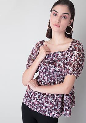 Purple Floral Lurex Square Neck Blouse